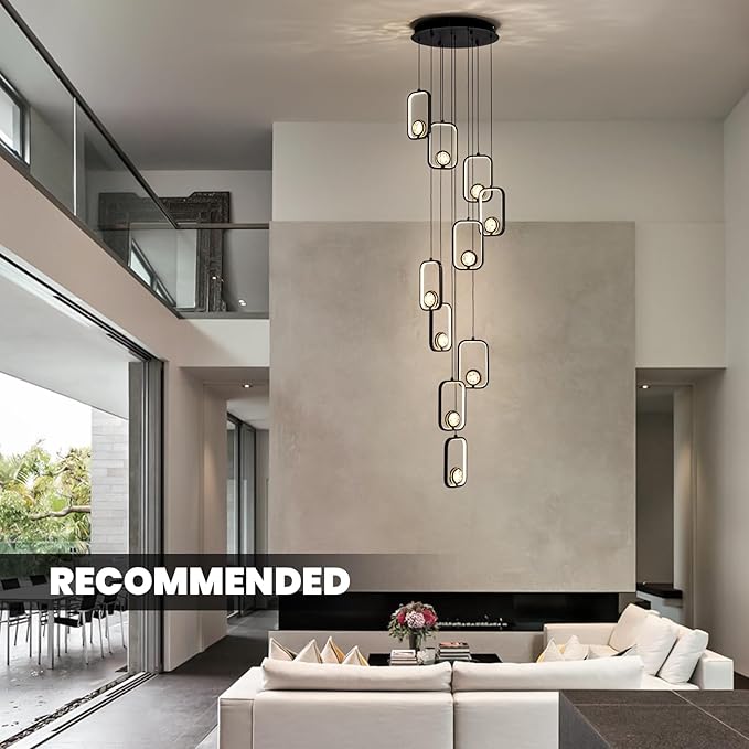 10-Light Modern LED Crystal Chandelier 10 Lights Black High Ceiling Chandelier for Staircase Large Adjustable Length Light Fixture for Foyer, Entryway, Living Room