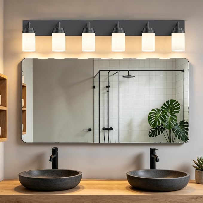 Bathroom Light Fixtures, Matte Black Bathroom Lighting Fixtures Over Mirror, Modern Vanity Light with White Glass Shade, Restroom Lighting Fixtures, 6-Light 46-inch