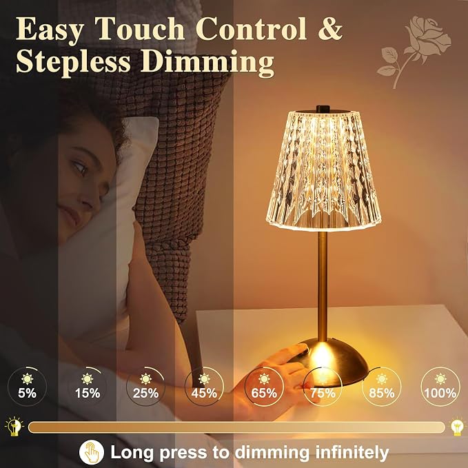 Cordless lamp,Dimmable Crystal Table Lamp 3 Colors LED Gold Lamp | 3 color modes with adjustable brightness for bedrooms, offices and home decor. Great gift for women, moms, teachers & friends