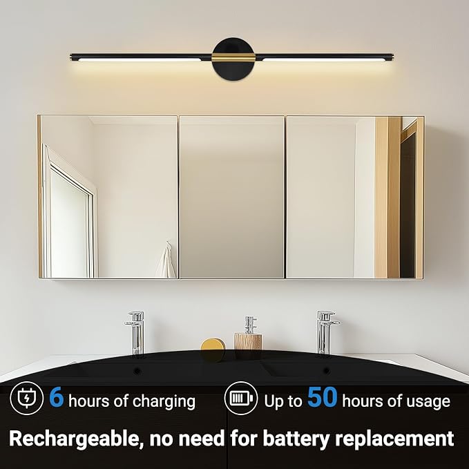 Battery Operated Wall Sconces Set of Two, Wireless Wall Sconces 31.5 Inch | Rechargeable, Remote Control, Dimmable, 360°Rotate, Cordless Wall Light Decor for Living Room, Hallway, Timing, Black Gold