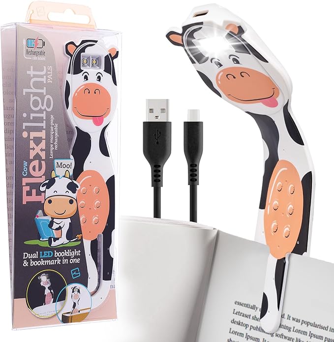 Gifts for Readers & Writers Rechargeable Book Light for Kids, Clip On Reading Light for Bed, 2in1 Flexilight Pals & Bookmark, 12 Hours of Light Once Charged, Includes USB Cable & 2 LED Lights, Cow