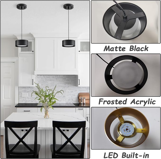 LED Black Mini Pendant Light Adjustable for Kitchen Island | Industrial Black Mini Pendant Light with Built-in LED, Adjustable Cord 78.74" for Kitchen Island Dining Room Bedroom Bathroom