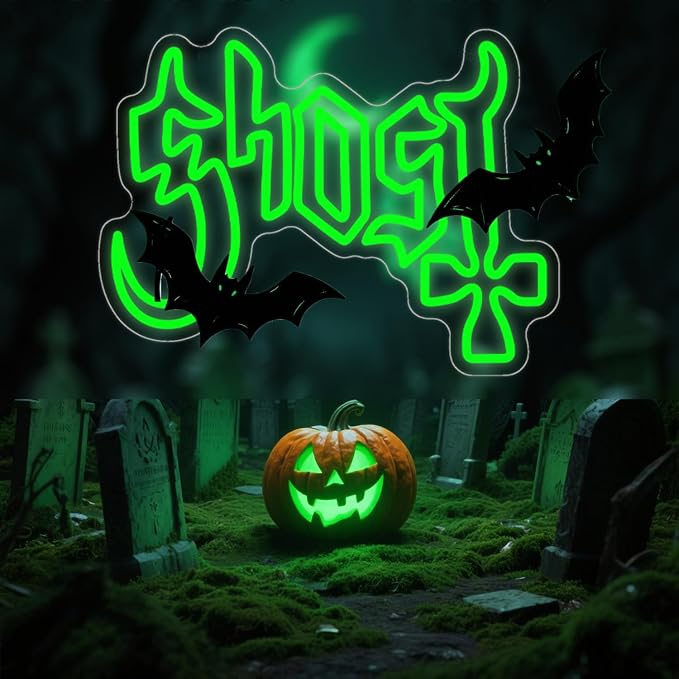 Ghost Neon Sign, Green LED Wall Light (12.2"x16.5") | Mysterious Rock Music Decor, Occult Aesthetic Room Light