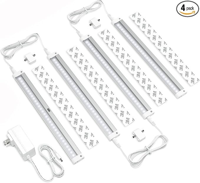 EShine Hand Wave Activated Under Cabinet LED Lighting Kit, Dimmable, 4-Pack 12 in - Touchless Dimming Control, White Under Counter Lights for Kitchen, Garage, Office, Desk - Cool White (6000K)