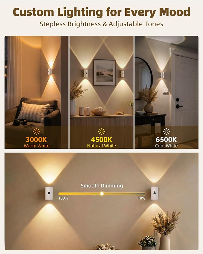 EZVALO Battery Operated Wall Sconce with Motion Sensor, 4000mAh Rechargeable Wall Light, 3 Color Temperatures & 12 RGB, Up & Down LED Lighting for Hallway, Stairs (White, 1 Pack)