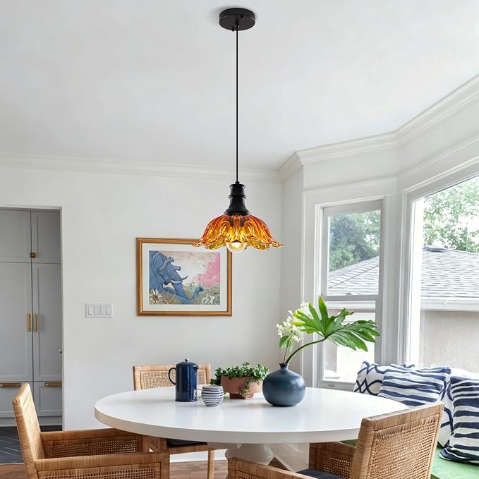 Orange Pendant Light, Vintage Pendant Lighting with Flower Glass Shade, Farmhouse Pendant Light Fixture for Kitchen Island, Kitchen Sink, Living Room, Dining Room, Foyer