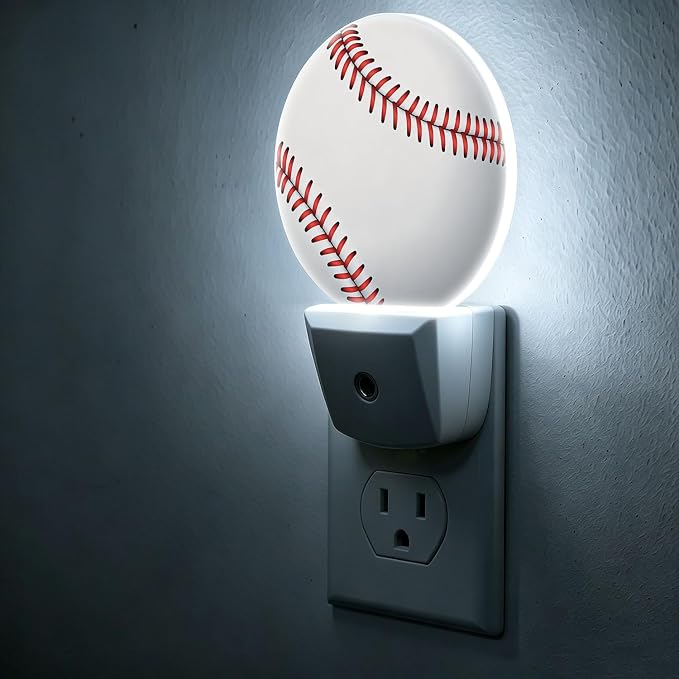 Nightlight Baseball Stitch Night Lights Plug Into Wall Auto Sensor | Sports Design American Ball Night Light Auto Led Sleep Round Lamp for Living Room Hallway Stairs