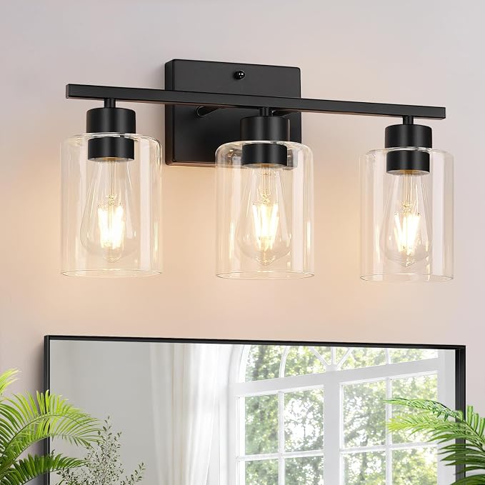 Black Bathroom Light Fixtures with Clear Glass Shades, Modern 3 Light Vanity Lights for Bathroom, Vanity Lights with E26 Socket (Bulbs Not Included), for Mirror, Bedroom, Hallway