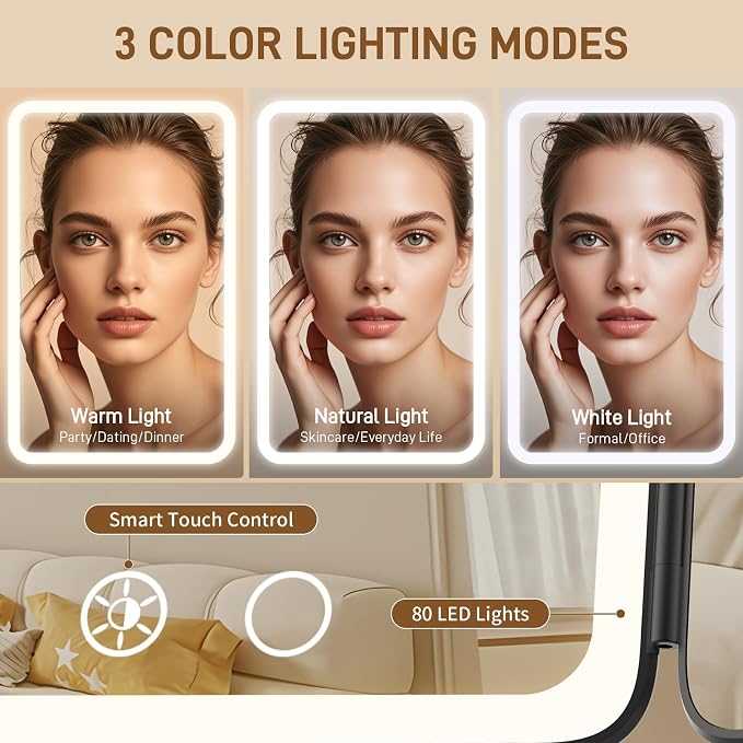 Rechargeable Lighted Makeup Mirror with 1X/3X/5X Magnification, Professional 3-Color LED Trifold Vanity Mirror, Smart Memory, Type-C Charging, Portable Beauty Mirror for Travel, Idea Gifts - Black
