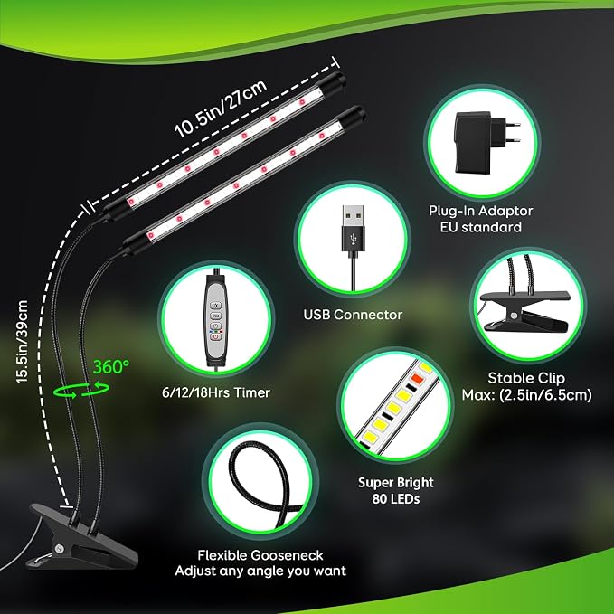 SDOVUERC Full Spectrum Grow Lights for Indoor Plants, Dual-Head Plant Lamps with Clips and 5 Dimmable Level and 6/12/18H Timer for Indoor Plant Growing.