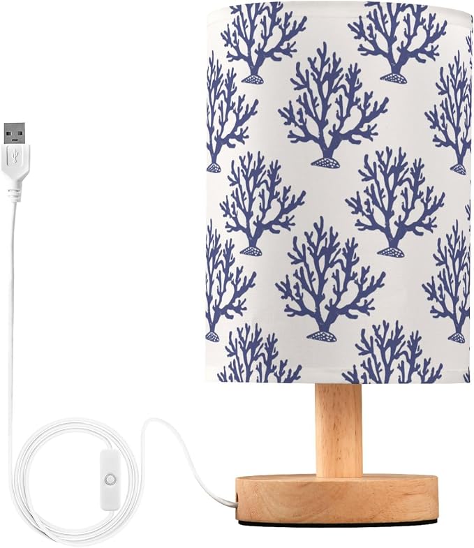 Fustylead Navy Blue Coral Table Lamp for Bedroom USB Port Lamps Small Accent Table Lamp Nightstand Lamp Study Linen Shade with Wooden Base, Decorative Lamps for Bedside Reading|Kids|Dorm|Home
