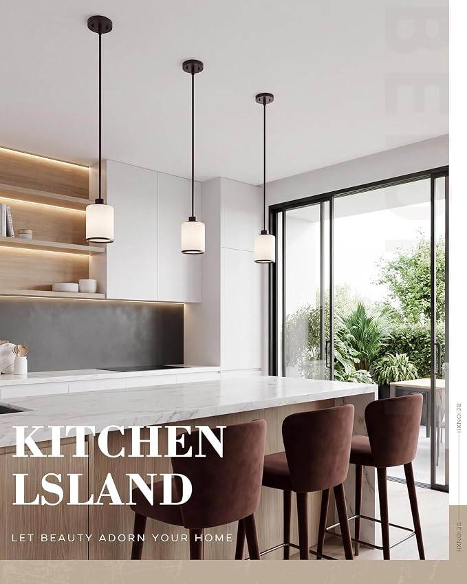 Beionxii Pendant Light Fixtures,Milk Glass Pendants Oil Rubbed Bronze,1Pack | Farmhouse Pendant Lighting, Hanging Pendant Light with Rods for Kitchen Island Dining Room Bedroom Entryway, BX-PL02ORB+R