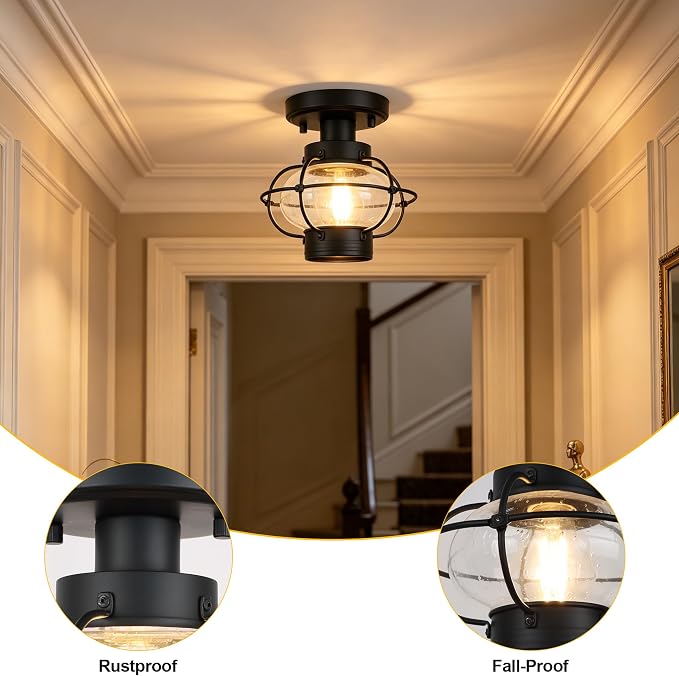 Porch Ceiling Light, Farmhouse Industrial Flush Mount, Glass Globe E26 | Indoor & outdoor use. For hallway, bedroom, balcony, stairway. Sturdy metal, hardware included, easy install.