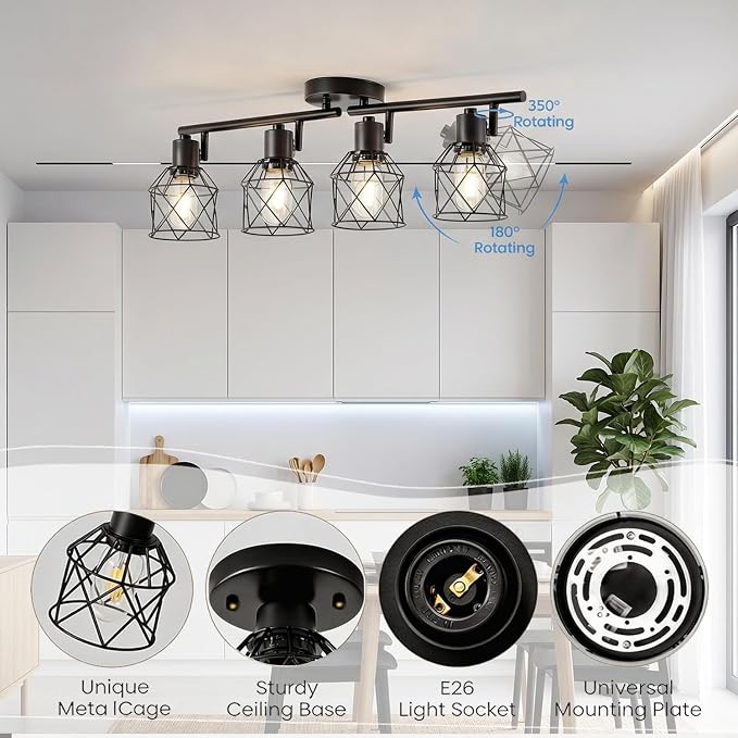 4-Lights Semi Flush Mount Ceiling Light, Adjustable Multi-Directional Track Lighting Fixtures, Rotatable Farmhouse Light Fixtures Mount with Metal Cage for Kitchen, Dining Room, Living Room