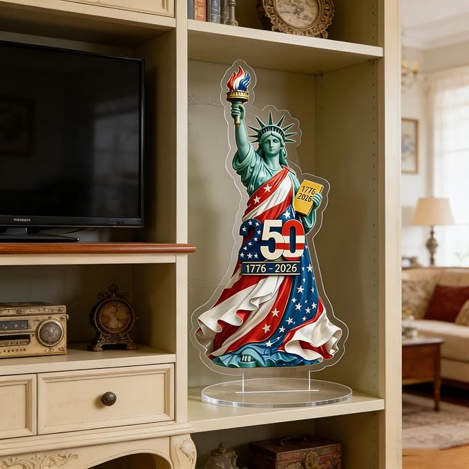 4th of July Decorations Gifts 2D Acrylic Statue of Liberty Shaped Tabletop Sign Designs 250th Anniversary Statue 1776-2026 Patriotic Desk Plaque for Living Room Book Shelf Cabinets Table Ornaments