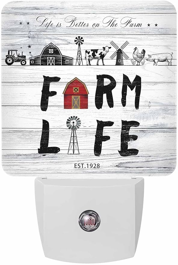 Vintage Night Lights Plug into Wall LED Night Light Farmhouse Chicken Pig Barn Wood Grain Automatic Dimmable Dusk-to-Dawn Square Shaped Smart Nightlight for Bathroom/Bedroom