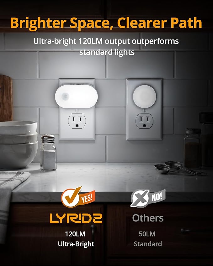 120LM Ultra Bright Plug-in Motion Sensor Night Light, Stepless Dimmable LED Nightlight, Always-On and Auto-Off, for Hallway, Stairs, Bathroom, Bedroom, Garage, Cool White (4-Pack)
