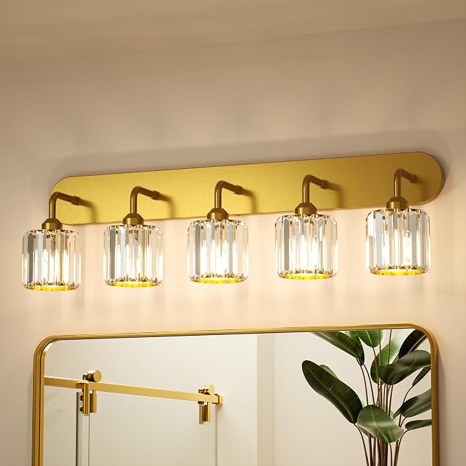Keonjinn 5-Light Crystal Bathroom Light Fixtures Over Mirror, Gold | Vanity Lighting Fixture with Square Shades, Dimmable, Modern Style, Compatible with E26 Base LED Bulbs (Blub Not Included)