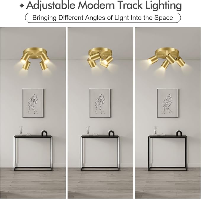 LED 4 Light Track Lighting Kit, LED Track Lighting Fixtures, Gold Round Ceiling Spot Lighting, Flexibly Rotatable Light Head for Kitchen, Living Room, Bedroom, GU10 Bulb Not Included