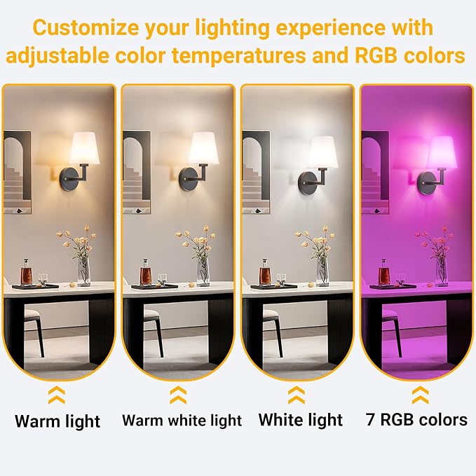 Vimhou Peel and Stick Wall Sconces, Stick On Wall Sconce Set of 2, Battery Operated Wireless Wall Light, No Drill Adhesive Wall Lamp, Corn Bulb with 10000mAh Rechargeable Battery, Bedroom Wall Decor