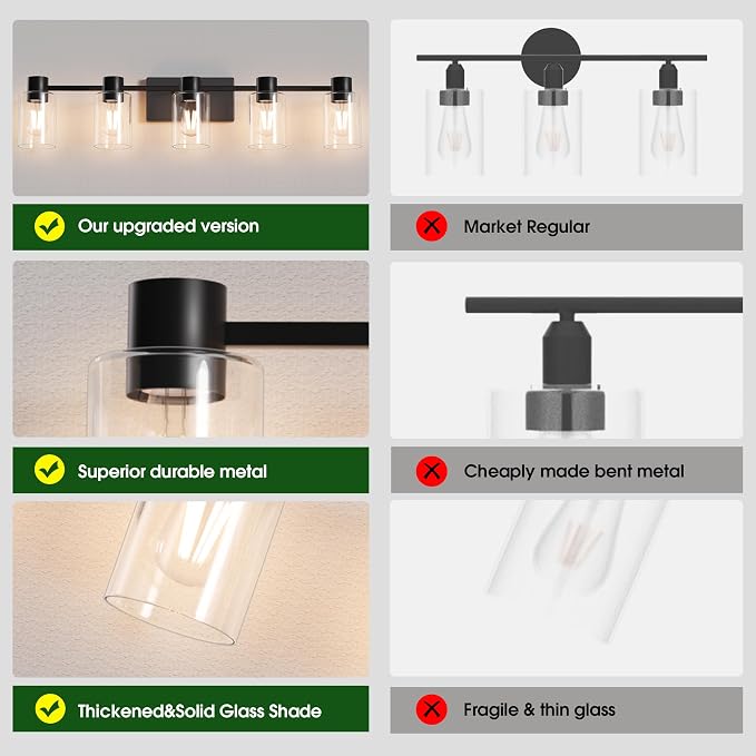 5-Light Modern Vanity Light Fixtures Over Mirror, Matte Black Bathroom Light Fixtures, Vanity Lights, Wall Sconce with Clear Glass Shade for Bathroom, E26 Base