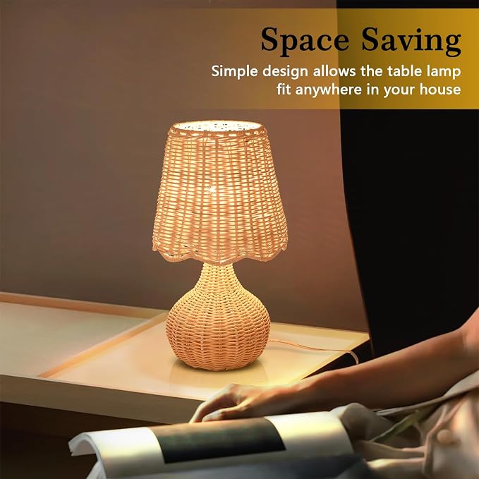 Ziqqeelam Rattan Small Bedside Table Lamp for Bedroom, Boho Mini Table Lamps for Nightstand, Farmhouse Small Table Lamps for Small Spaces for Kitchen Counter, Bookshelf, Bedroom, Kids Dorm
