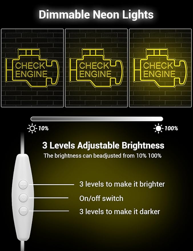 Check Engine Neon Sign for Man Cave Wall Decor, LED Light Up Garage Wall Art Sign for Car Room, Auto Repair Workshop Decor, Funny Gifts for Dad, Car Enthusiast (Check Engine)
