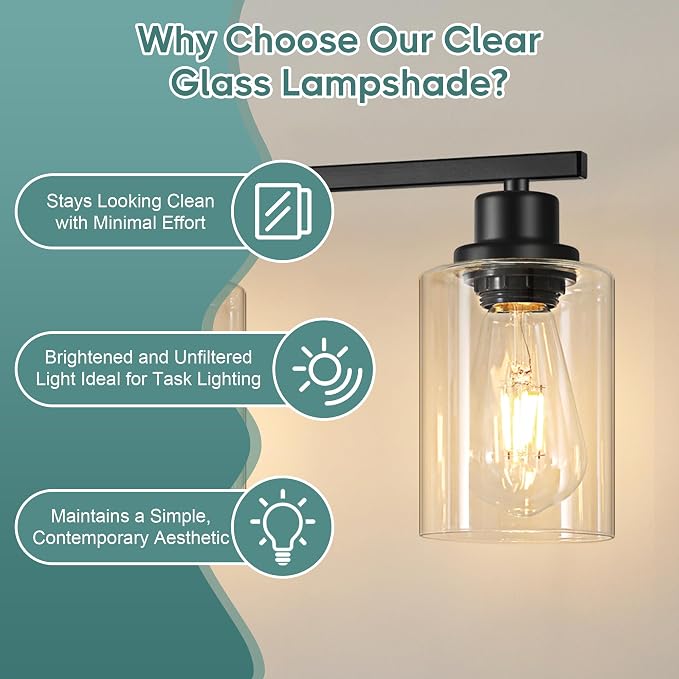 Ascher Bathroom Light Fixtures, 5-Light Vanity Light Over Mirror, Matte Black Wall Sconces with Clear Glass Shades, Wall Lamp for Living Room Bedroom, E26 Base(Bulbs Not Included)
