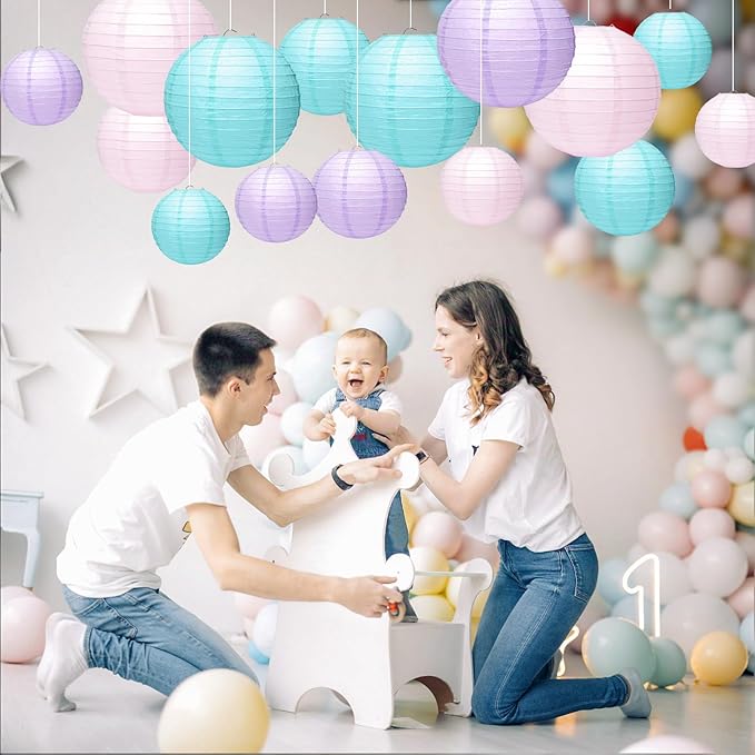 21 Pcs Paper Lanterns Party Decorations, 4/6/8/10 Inch Round Chinese Hanging Paper Lanterns for Mermaid Theme Girl Birthday Party, Wedding, Baby Shower, Graduation, Classroom Ceiling Decorations