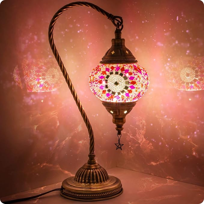 Yarra-Decor Turkish Moroccan Lamp with Bronze Base 3 Color Options Handmade Swan Neck Mosaic Glass Bedside Lamps for Bedroom (LED Bulb Included)(Red1)