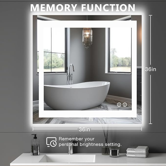 DUMOS 36.1"x36.1" LED Bathroom Mirror, Bathroom Vanity Mirror | Smart Anti-Fog, Front Light and Backlit, 3 Color Temperatures, Dimmable, Memory Function