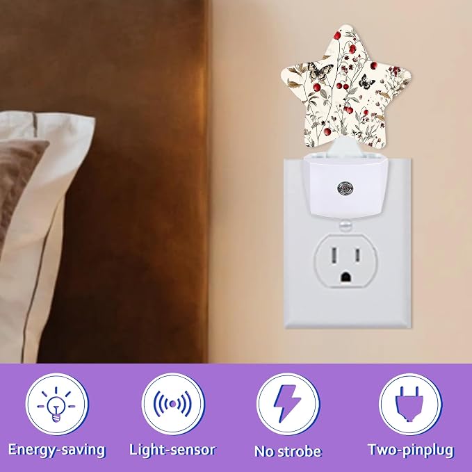 Energy Efficient Nightlights Plug In Wall, Vintage Flower Night Light for Kids Bedroom Decorative, Rustic Wildflower Butterfly Dusk-To-Dawn Sensor Sleep Friendly Lamp for Nursery Bathroom Basement