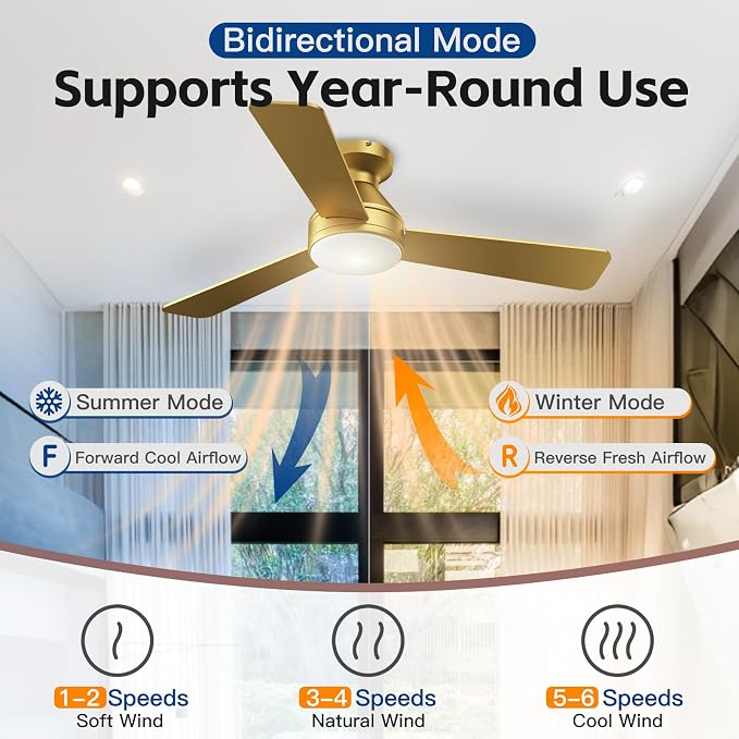 42 Inch Ceiling Fans with Lights And Remote, 3CCT/Flush Mount/6 Speed/Gold | Flush Mount Low Profile Ceiling Fan, 6 Speed Noiseless LED Ceiling Fan, All Gold Ceiling Fan for Bedroom Living Room