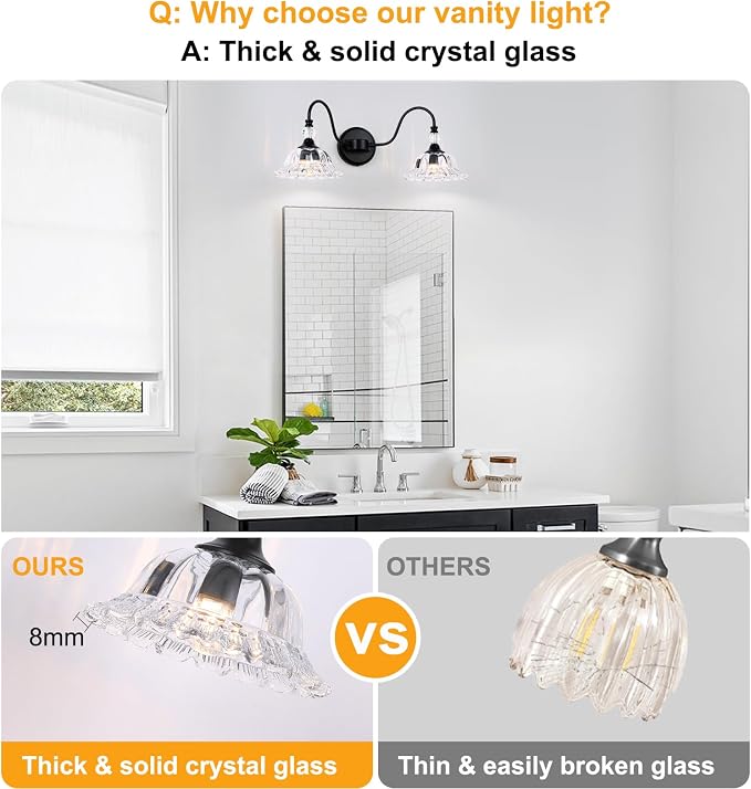 Farmhouse Bathroom Vanity Light Fixtures 2 Lights Matte Black Vanity Lights for Bathroom with Floral Crystal Glass Shade Wall Lighting Fixtures Over Mirror(Exclude E26 Bulb)
