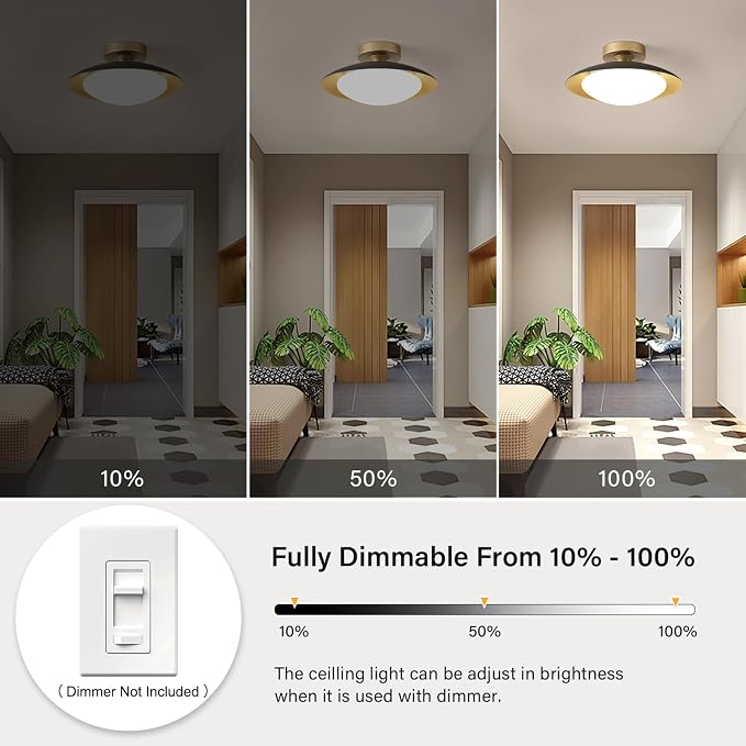 Dimmable Modern Mid-Century LED Ceiling Light, Black and Gold, 12.6 Inch | Semi Flush Mount Ceiling Light, 5CCT 2700K-6000K Lighting Fixture Ceiling Lamp with Glass Shade for Bedroom Hallway Kitchen