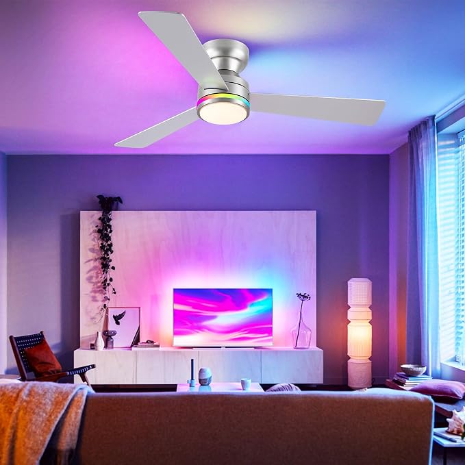 46" 3-Blade Silver Low Profile RGB Ceiling Fan with Light and Remote/APP | 11 RGB Modes,Reversible 6 Wind Speeds,Dimmable 3 CCT LED, 25W Quiet DC Motor,Timer,6 Double-Sided Blades,for Kidsroom Party