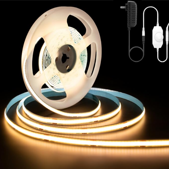 GUPUP 16.4ft COB Turnable Rope Light, Warm White LED Strip Light, 3000K 24v | 1600 LEDs Density Lighting Strip with Dimmable Switch, 3M Adhesive, CRI≥90 for Cabinet, Kitchen, Mirror, Home Decoration