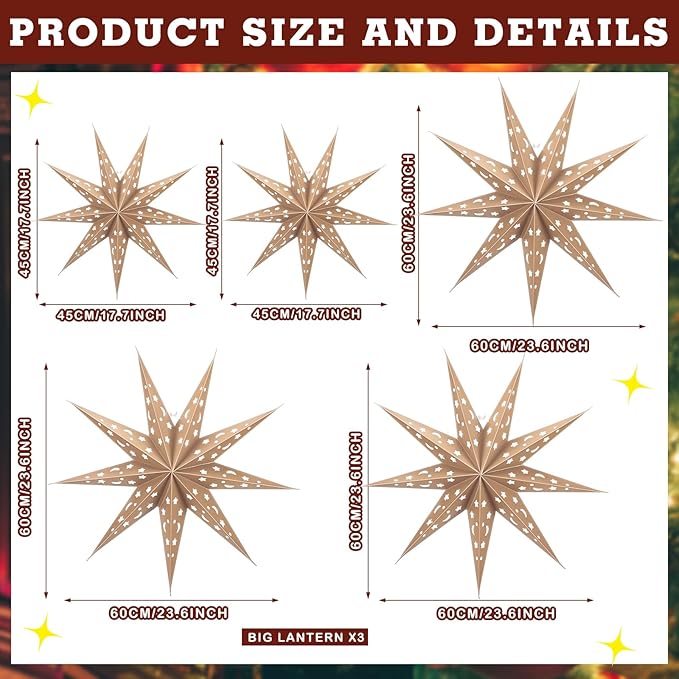 5-Piece 3D Paper Lantern - 24 inch Hollow Star Lamps - Xmas, Wedding, Birthday Multicolor Pack (9 Pointed Stars, Light Khaki)