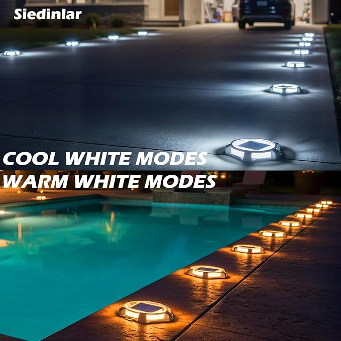 SIEDiNLAR Solar Deck Lights Outdoor 2 Modes LED Dock Driveway Markers Light Solar Powered Waterproof for Step Ground Walkway Stair Pathway Yard Garden Road 4 Pack (Cool White/Warm White)