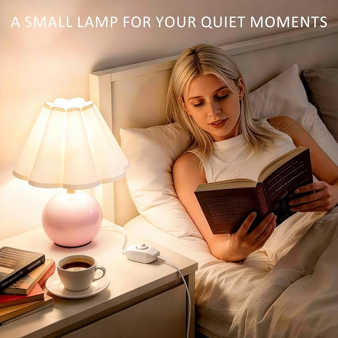 Small Bedside Table Lamp, 11.8'' Ceramic Stepless Dimmable Lamp (Pink) | with scalloped fabric shade for nightstand & living room. Perfect for quiet nights to create a cozy, relaxing atmosphere