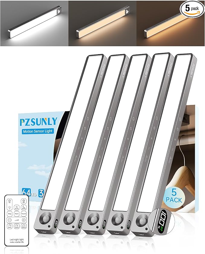 5-Pack Under Cabinet Lighting Wireless Motion Sensor Light Indoor | 14.2inch Rechargeable,3Color Dimmable,Power Display,LED Closet Light Magnetic with Remote,Under Counter Lights for Kitchen