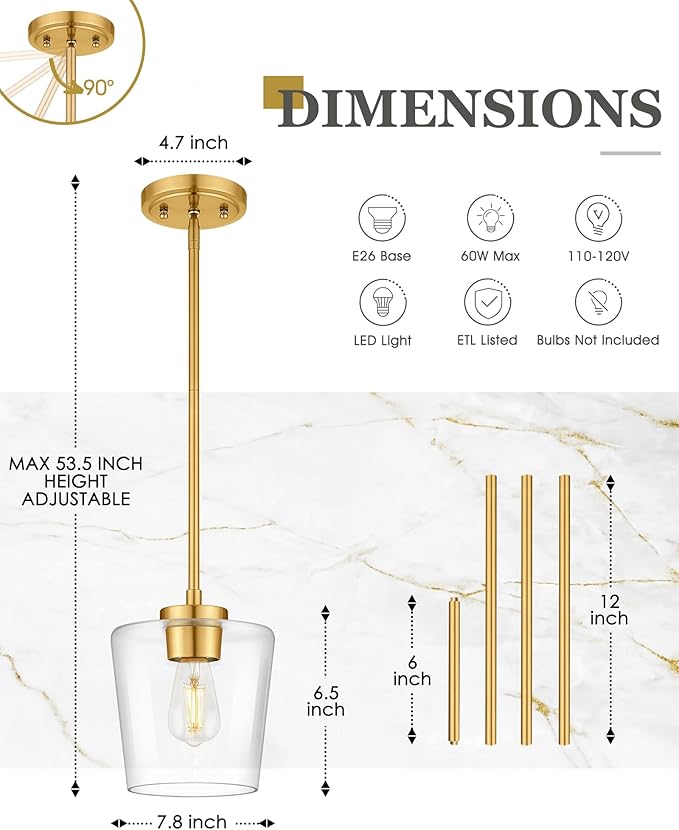 Audicki 2-Packc Pendant Lights Kitchen Island, 8" Brushed Gold Hanging Lights Fixtures with Clear Glass Shade, Modern Kitchen Pendant Lighting Over Island for Dining Room, AD-22004-1P2L-GD-C