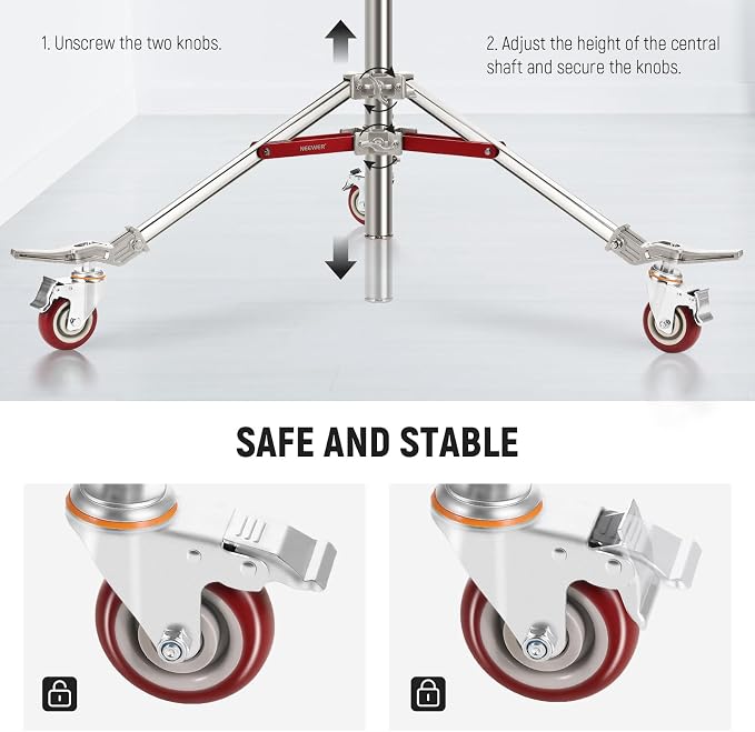 NEEWER Heavy Duty Stainless Steel Light Stand with Casters, 1-1/8" Junior Receiver, Spring Loaded 5/8" Baby Stud, Max Load 77lb, 7.9ft/240cm Junior Wheeled Stand for Studio Softbox Reflector, ST240SS