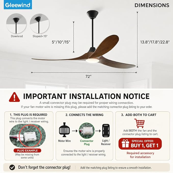 72 inch Outdoor Ceiling Fan with Lights-Glass Lamp, Large Damp Rated Wood Propeller Blades for Big Patios & Porch, Smart APP and Remote Control, 3 Blades Dimmable LED Ceiling Fans, High CFM-Walnut