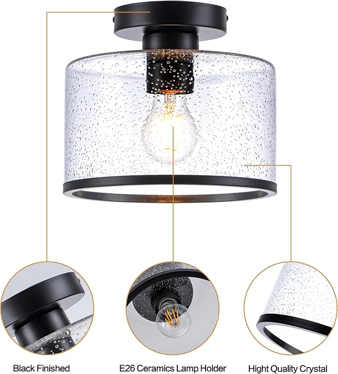 Zlepmlla Modern Flush Mount Ceiling Light, Seeded Glass Ceiling Light Fixture, Black Light Fixture for Hallway, Bedroom, Entryway, Kitchen，Living Room