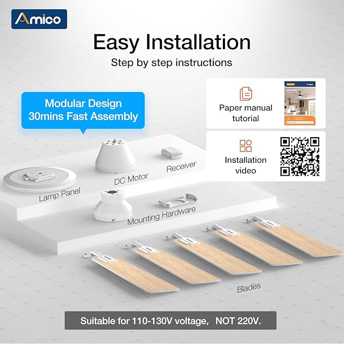 Amico Ceiling Fans with Lights, 52 inch Smart Ceiling Fan with Remote/APP/Alexa Control, Flush Mount, Reversible DC Motor, 5 Blades, 6 Speeds, 3CCT, Dimmable, Noiseless, Bedroom, Living Room, White