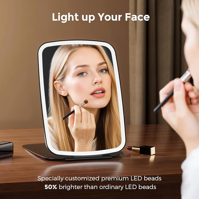10" x 7" Large Travel Makeup Mirror with Lights, Rechargeable Portable Lighted Beauty Mirror, 3 Lighting Modes, 2000mAh Battery & Magnetic Closure (Black)