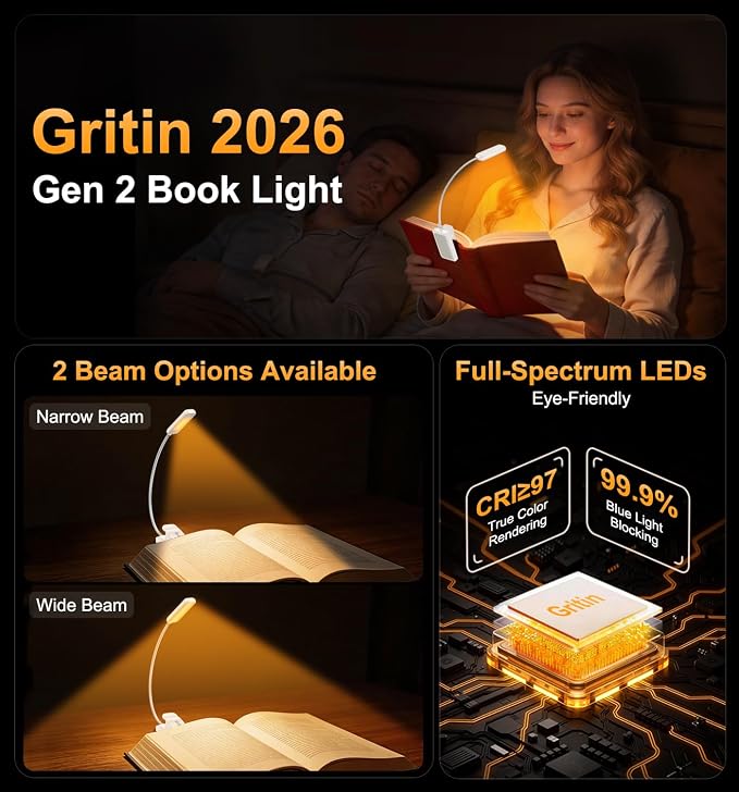 Gritin 2026 Gen 2 Book Light for Reading- 30 Eye Caring Full Spectrum LED | 5 Colors & 5 Brightness, Adjustable Wide/Narrow Beam, Upgrade 1500mAh Long-Lasting Rechargeable Clip on Light-White