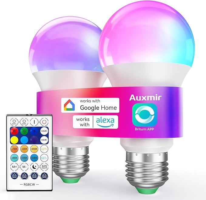 Auxmir A19 Smart Light Bulbs with Remote, RGB+CCT Color LED Bulbs, 2-Pack | E26, 9W 800LM 60W equivalent, works with Alexa and Google Assistant, Bluetooth, 2700K-6500K, music sync, no hub required