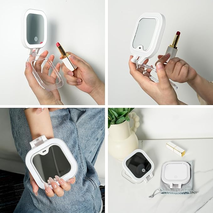 FUNTOUCH Rechargeable Travel Makeup Mirror 30X Magnification, Lighted Portable Vanity Mirror with 3 Colors Lighting & Stepless Dimming, Double Sided LED Mirror, Gift for Women (White+Bag)